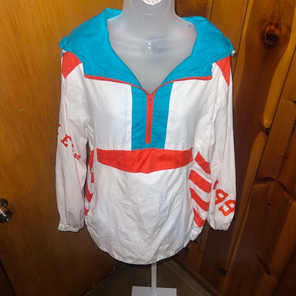 White and Blue Hooded Jacket with Orange Accents